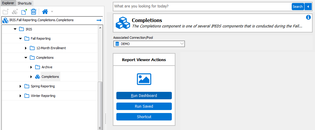 Selecting the Completions DataBlock in Argos, under the Fall Reporting folder.